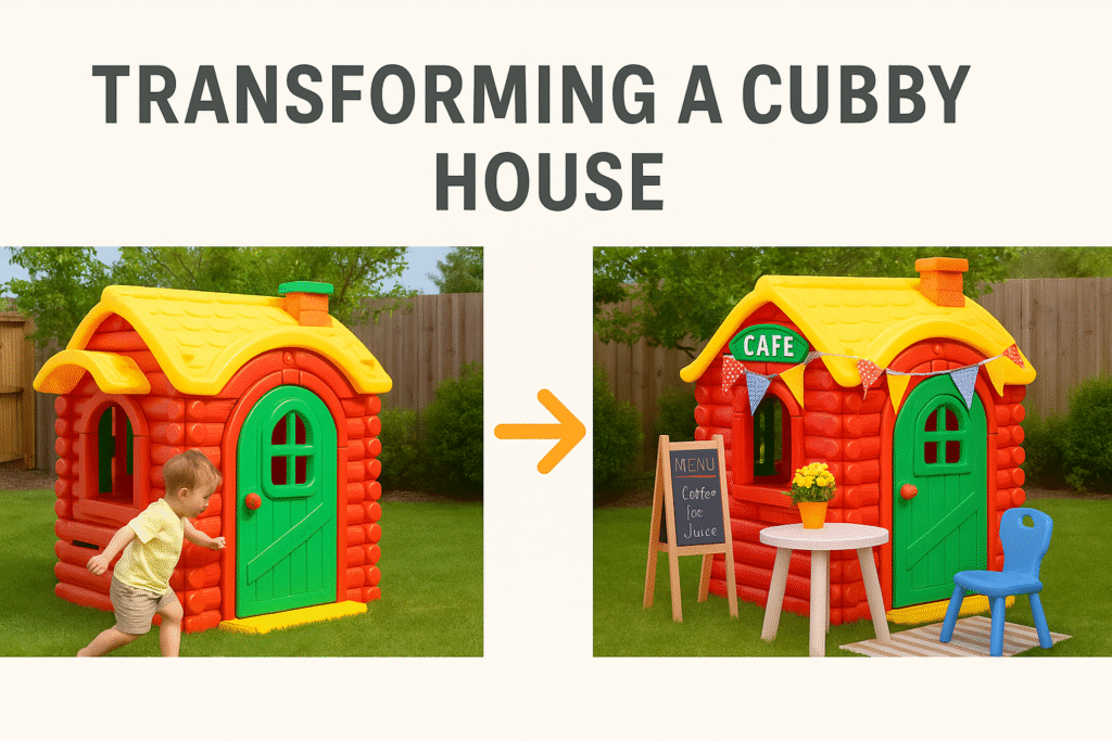 Transforming a Cubby House from Forest Cabin to Backyard Cafécabin-to-cafe - outdoor play Australia Split-screen showing a forest-style cubby house turning into a colourful kids’ backyard café with signage and table setup