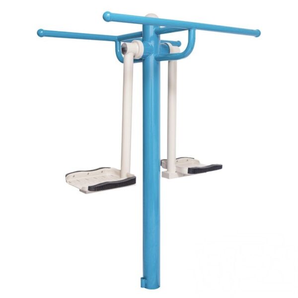 Dual surfing fitness board with foot platforms and metal support handles, outdoor gym equipment.