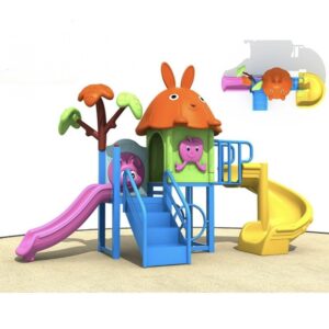 Kindergarten playground set with bunny roof cartoon house and two slides for toddlers
