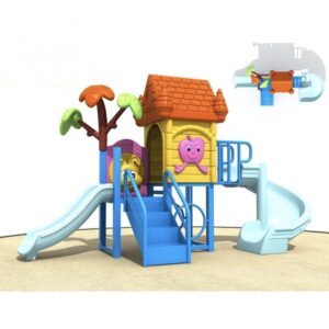 Colourful kids plastic playground set with two slides and cartoon playhouse