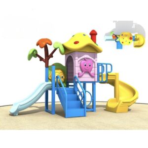 Kindergarten plastic playground with mushroom roof and dual slides on soft play surface
