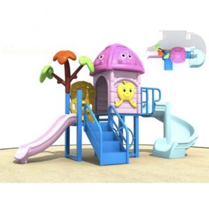 Bright and compact preschool playground slide with dual slides, stairs, and cartoon roof
