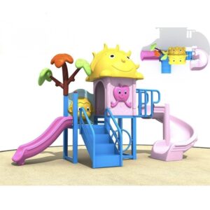 Kindergarten playground set with cartoon sun roof and dual slides