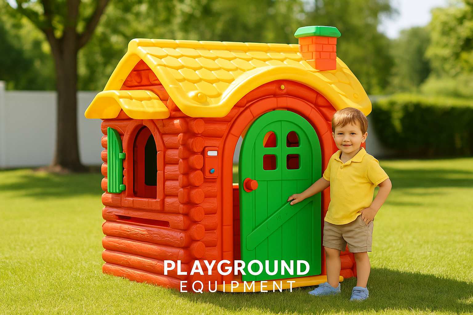 Young boy playing next to a colourful forest-style plastic cubby house with green door and yellow roof in a backyard