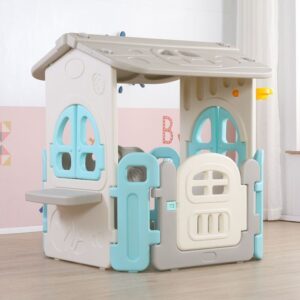 Small white and blue cubby house for toddlers, 100x100cm, with windows and gate