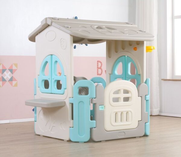 Small white and blue cubby house for toddlers, 100x100cm, with windows and gate