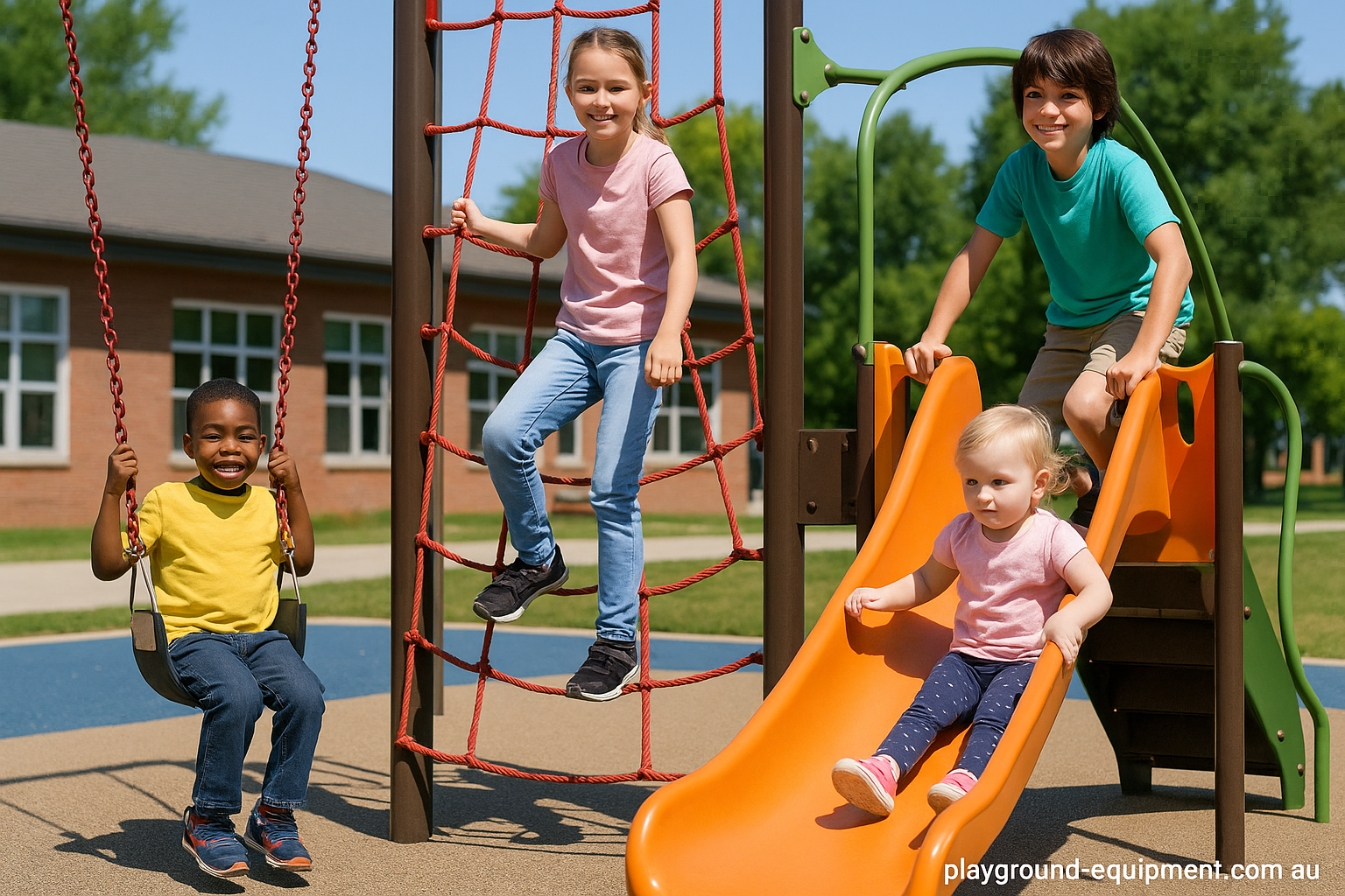 Kids aged 2–12 playing on outdoor playground equipment in school setting