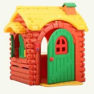 Plastic log-style cubby house with yellow roof and green door for kids aged 2–6