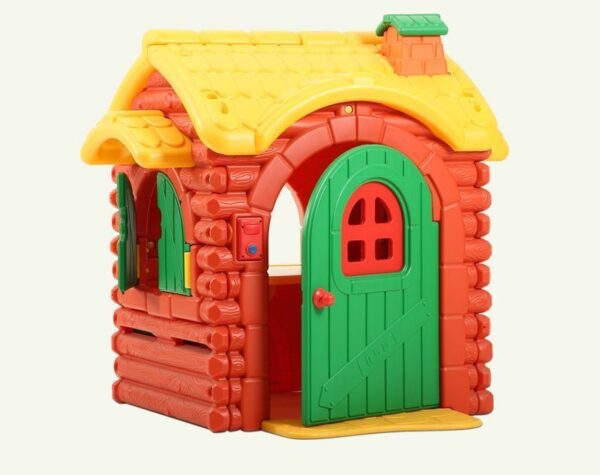 Plastic log-style cubby house with yellow roof and green door for kids aged 2–6