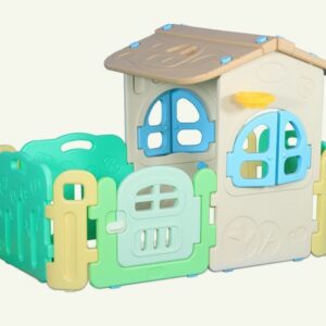 Pastel cubby house with fence panels and door for toddlers aged 2–5