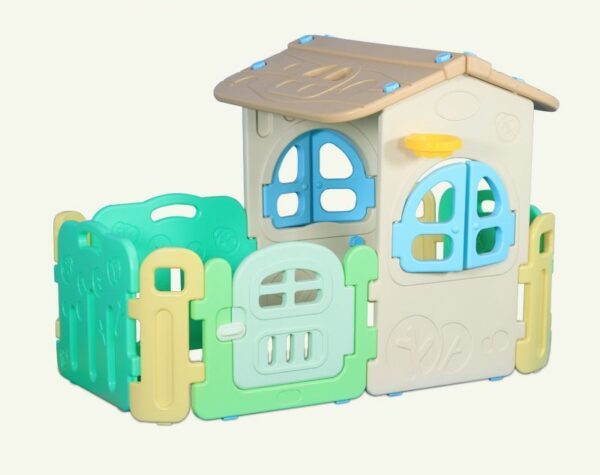 Pastel cubby house with fence panels and door for toddlers aged 2–5