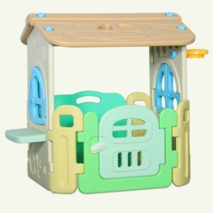 Compact cubby house with pastel fencing and toddler-safe gate