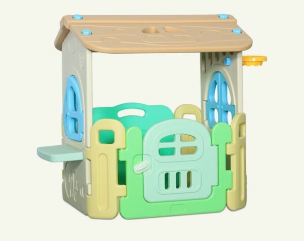 Compact cubby house with pastel fencing and toddler-safe gate