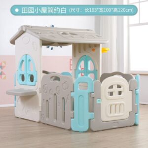 Small white and blue cubby house for toddlers, 100x100cm, with windows and gate