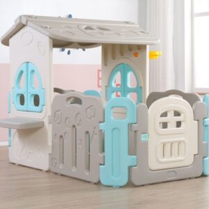 Neutral colour indoor cubby house with blue and grey panels, suitable for toddlers aged 1.5 to 5