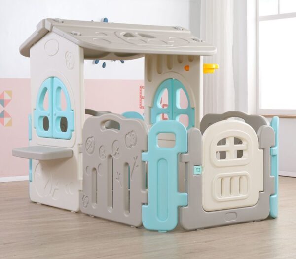Neutral colour indoor cubby house with blue and grey panels, suitable for toddlers aged 1.5 to 5