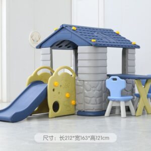 Toddler cubby house with blue slide and play furniture, including chairs and table, set indoors