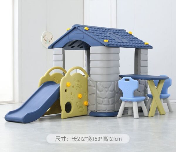 Toddler cubby house with blue slide and play furniture, including chairs and table, set indoors