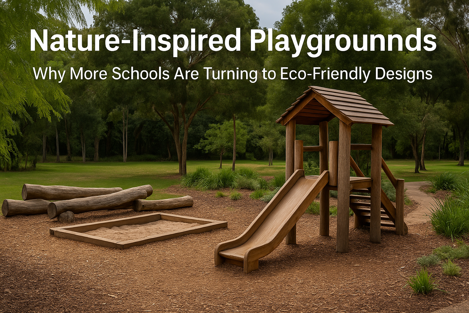 Natural wooden playground with slide, logs, and sandpit in a forest park setting