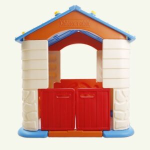 lastic cubby house for toddlers with red double doors and blue roof, suitable for indoor and outdoor play