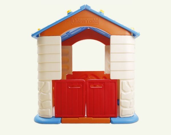 lastic cubby house for toddlers with red double doors and blue roof, suitable for indoor and outdoor play