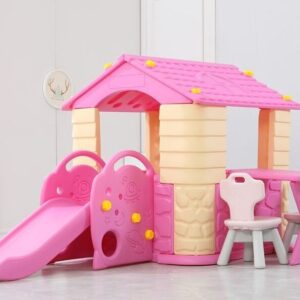 Pastel pink toddler cubby house with slide and matching table chairs