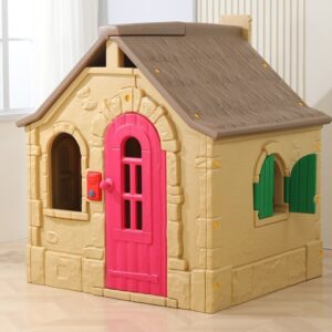 Plastic cubby house with faux stone texture, pink arched door and green shutters for kids aged 2–7