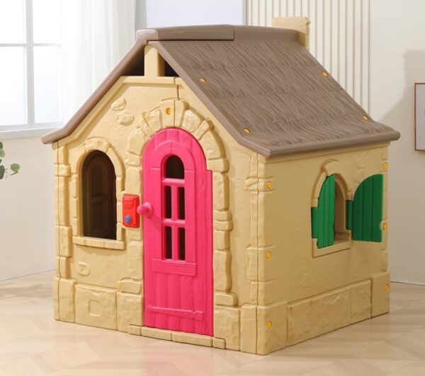 Plastic cubby house with faux stone texture, pink arched door and green shutters for kids aged 2–7